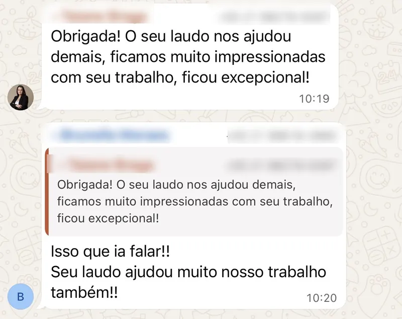 Depoimento de clientes agradecendo pelo laudo técnico