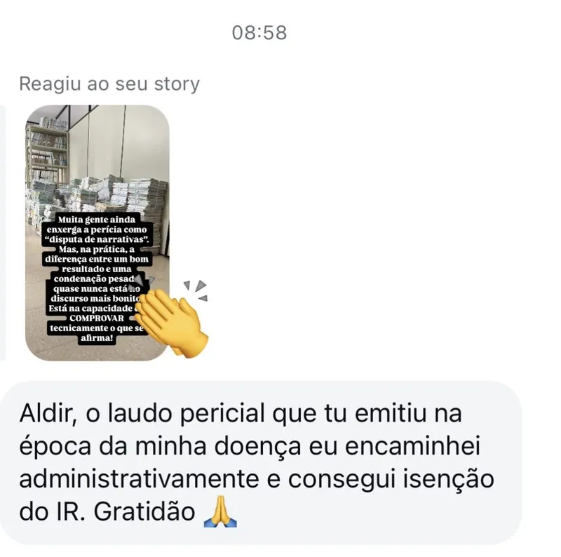 Depoimento sobre laudo pericial que ajudou a conseguir isenção de imposto de renda